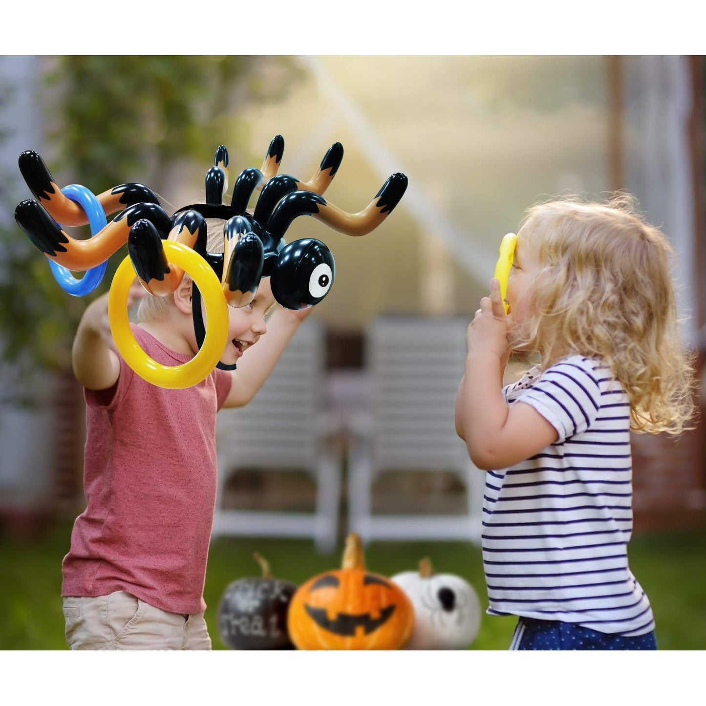 10 PCS Giant Halloween Ring Toss Games Inflatable Spider for Kids Adult Indoor Outdoor Carnival Family Party Games Spider Toys Halloween School Party Favors (2 Giant Spiders, 8 Rings)