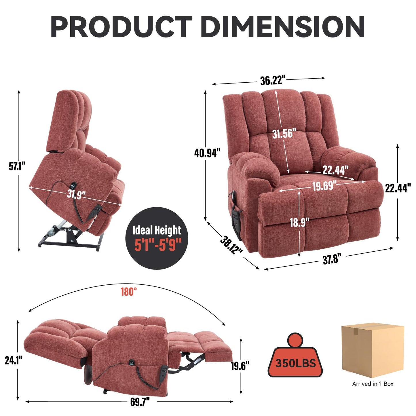 GDFStudio Dual Motor Power Lift Recliner Chair with Massage and Lumbar Heat, Heavy Duty Electric Reclining Chair with Remote Control, Supports Up to 350 LBS, Red