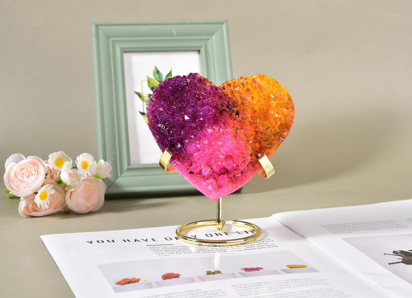 AMOYSTONE Heavy Heart Shaped Crystal Cluster Electroplated White Crystal Cluster with Alloy Bracket, Home Office Decoration (Orange-Pink-Purple 2-2.5 LBS)