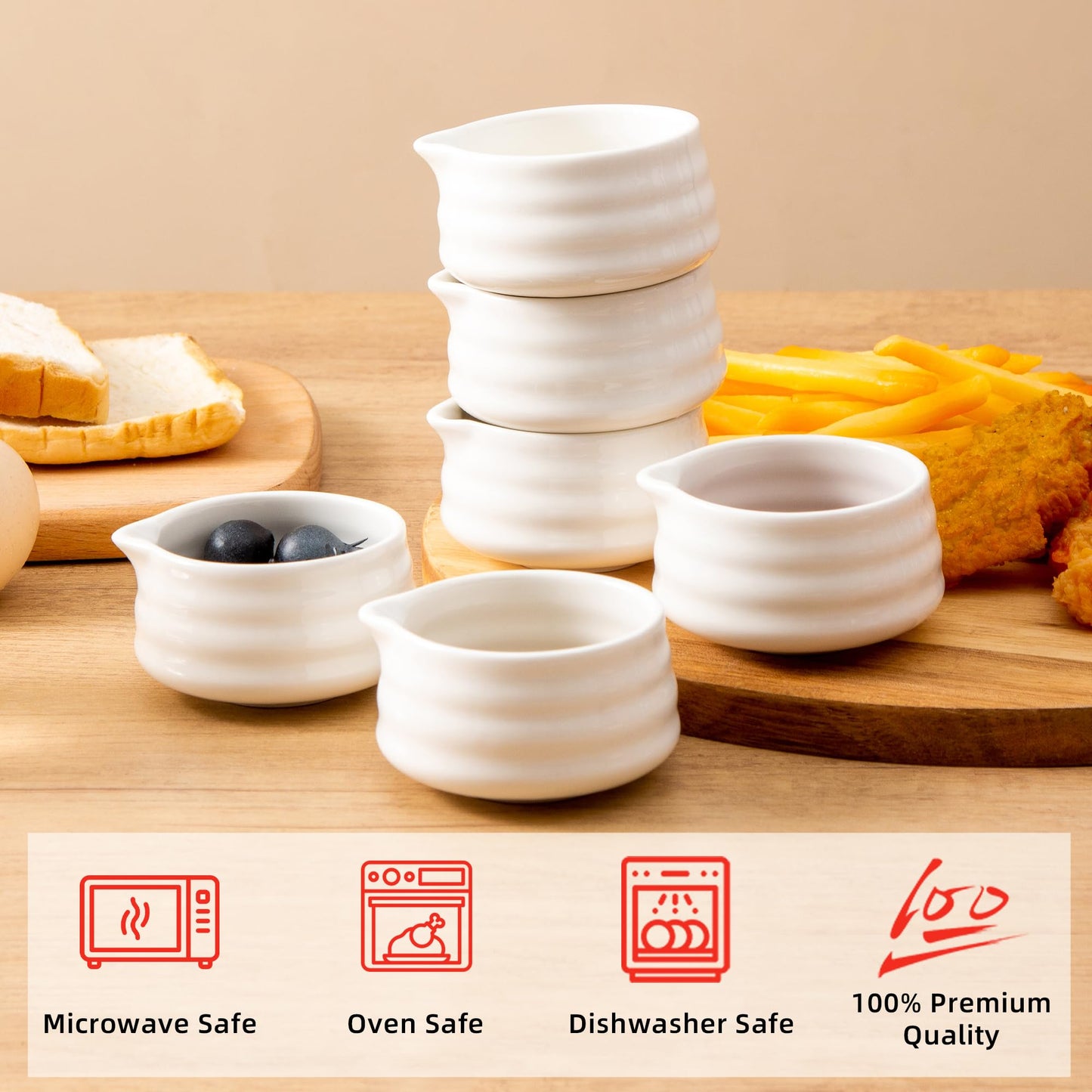 YumiPLUS 6pcs Ceramic Dipping Bowl with Spout, 3OZ Porcelain Mini Ramekins, Small Condiment Dish, Cute Pinch Bowl Set, Sauce Dish for Sushi/Ketchup/BBQ,Oven Safe