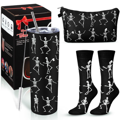 Geiserailie Halloween Goth Gifts Set Dancing Skeleton Insulated Tumbler with Lid and Straw Skull Makeup Bag and Skeleton Crew Socks Unisex Dress Socks Gift for Halloween Party, Friends, Sister, Mom