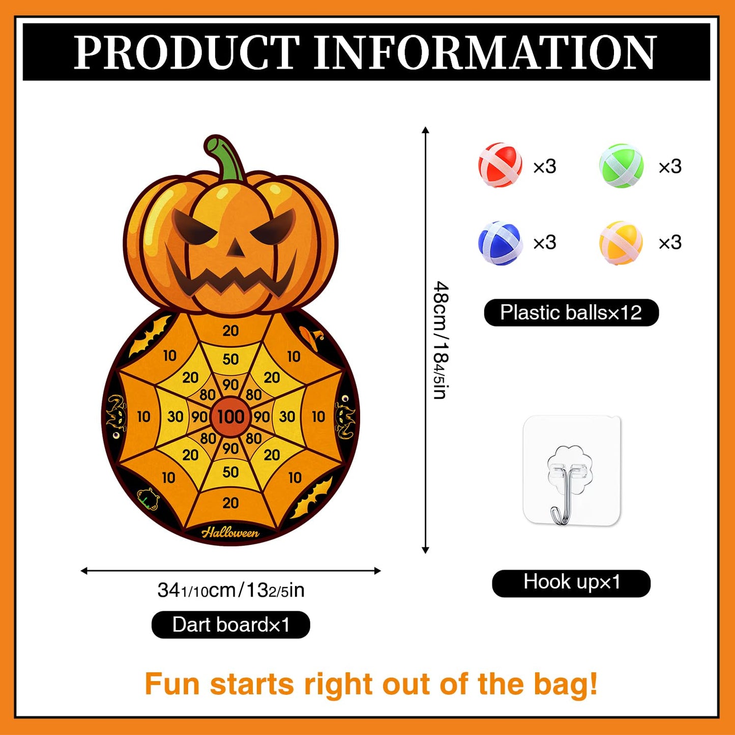 Halloween Party Games, Pumpkin Bat Black Cat Skeleton Witch Hat Dart Board with 12 Sticky Balls, Halloween Activities,Trunk or Treat Games for Party,Halloween Party Supplies Indoor Outdoor Decorations