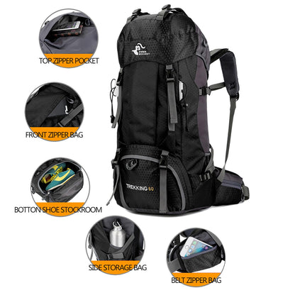 Bseash 60L Waterproof Hiking Camping Backpack with Rain Cover, Lightweight Outdoor Sport Travel Daypack Rucksack for Climbing Skiing