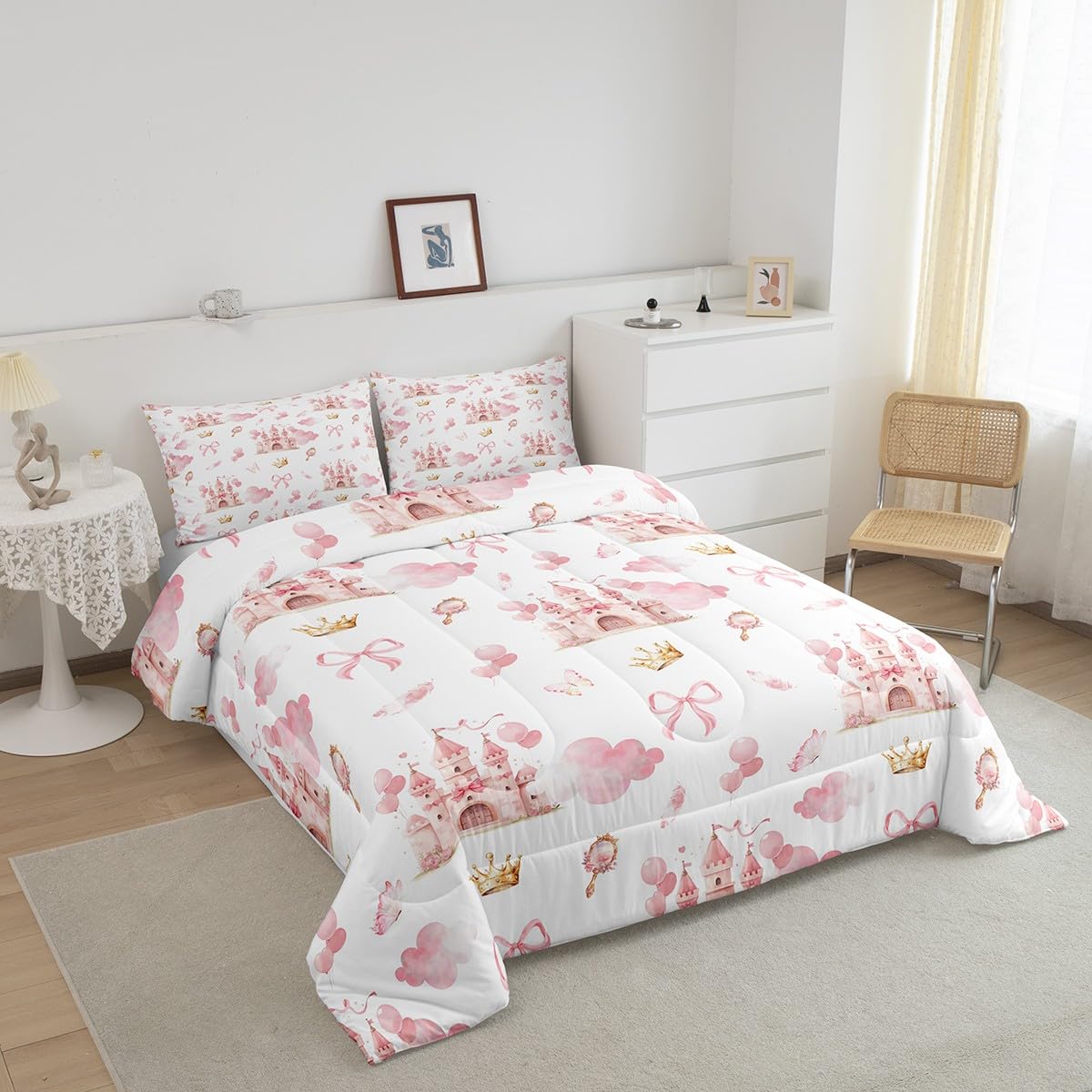 Feelyou Kids Pink Castle Duvet Insert Twin Size, Cute Bowknot Comforter Set Boys Girls Girls Dreamy House Bedding Set Fairytale Teens Bedroom Decor Bed Set 2Pcs
