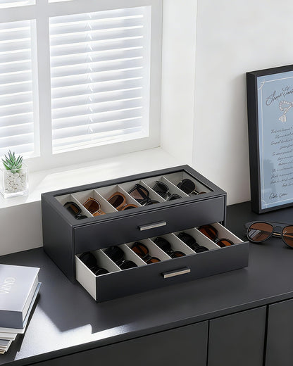 Lolalet 12 Slots Sunglasses Organizer, 2-Layer Sunglass Box with Transparent Glass Lid Display Case Storage Holder for Eyewear Eyeglass Multiple Pairs Glasses, Mothers Day Gifts-Black
