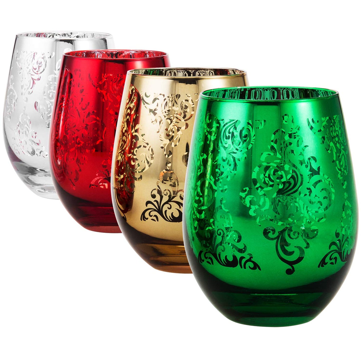 MyGift 4 Piece Stemless Glassware Set, Multicolor Wine Glasses with Etched Baroque Pattern in Mirror Plated Gold Silver Red Green Colors, 16 oz Capacity