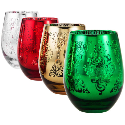 MyGift 4 Piece Stemless Glassware Set, Multicolor Wine Glasses with Etched Baroque Pattern in Mirror Plated Gold Silver Red Green Colors, 16 oz Capacity