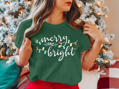 Christmas Shirts for Women Merry and Bright Shirt Xmas Holiday Tshirt Graphic Christmas Lights Tee Tops Green