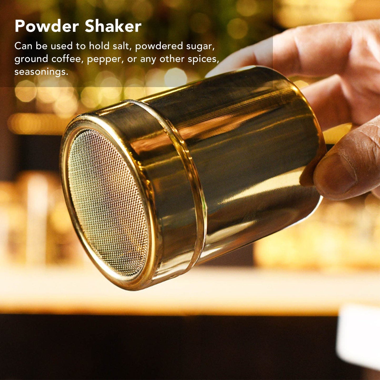 Stainless Steel Powder Shaker, Coffee Cocoa Dredges with Fine Mesh Lid, 2.8 x 3.5 inch Powder Sugar Shaker for Coffee Cocoa Chocolate Cinnamon, Gold