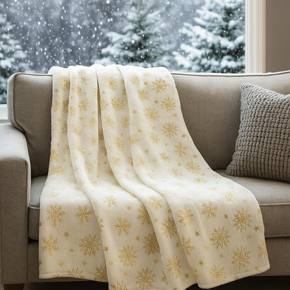 Winter Holiday Christmas Fleece Throw Blanket: Velvety Soft, Gold Snowflakes Stars Design, Durable Accent for Bed or Couch, Oversized 50 x 70 inches