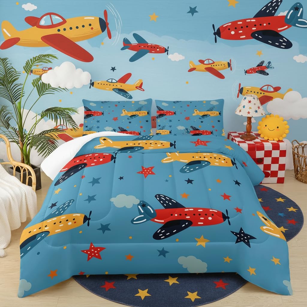 lneffble Kids Aeroplane Comforte Set Twin，Blue Airplane Bedding for Boys，Cute Star Quilt Pattern，Cute Bedroom Decor for Kids，1 Comforter 2 Pillow Cases