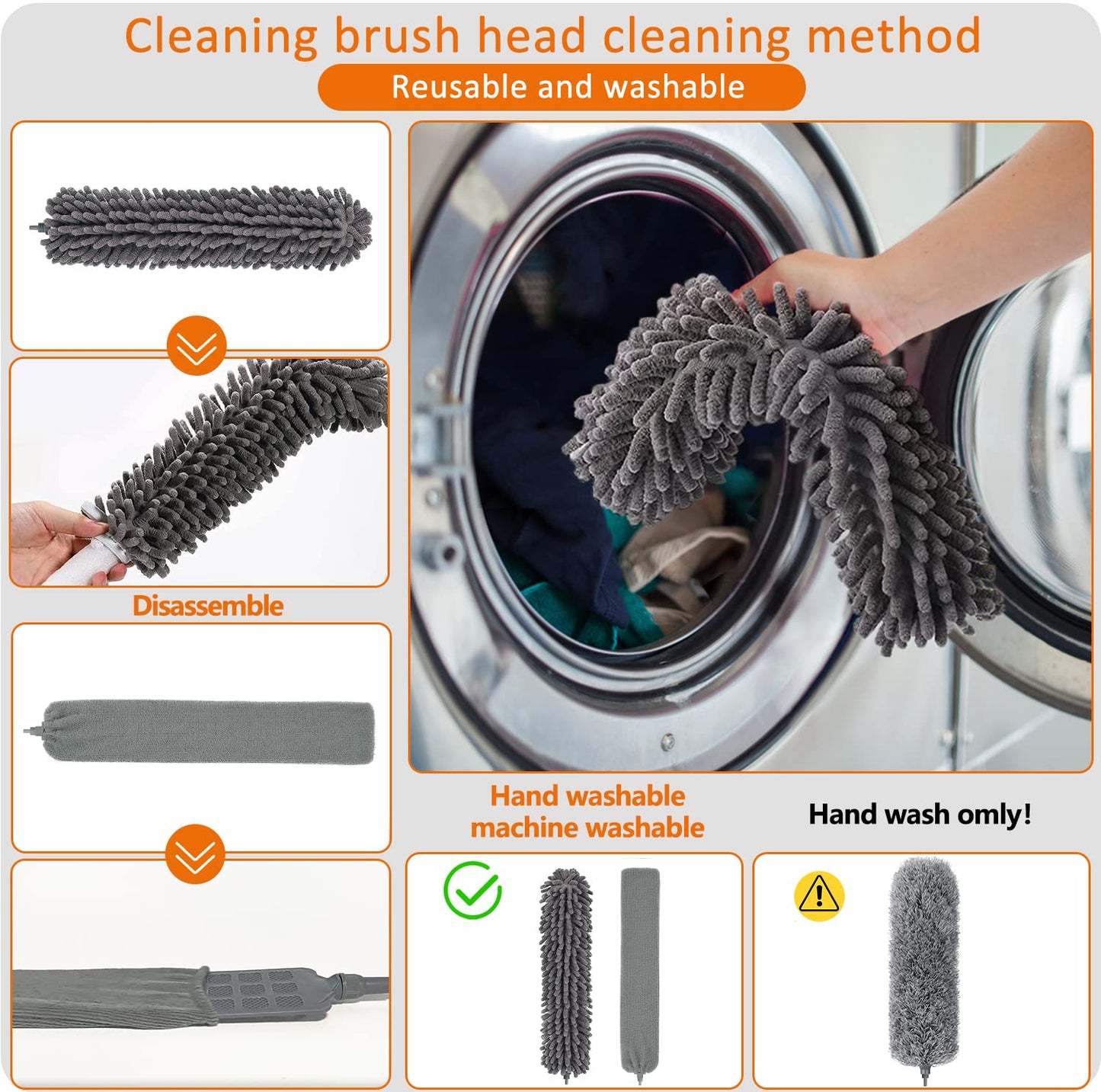 Feather duster 5PCS kit with 30-100 inch telescopic extension pole, detachable bendable and reusable gap hand crevice brush for cleaning dust cobwebs on high ceiling fans lights blinds cars furniture
