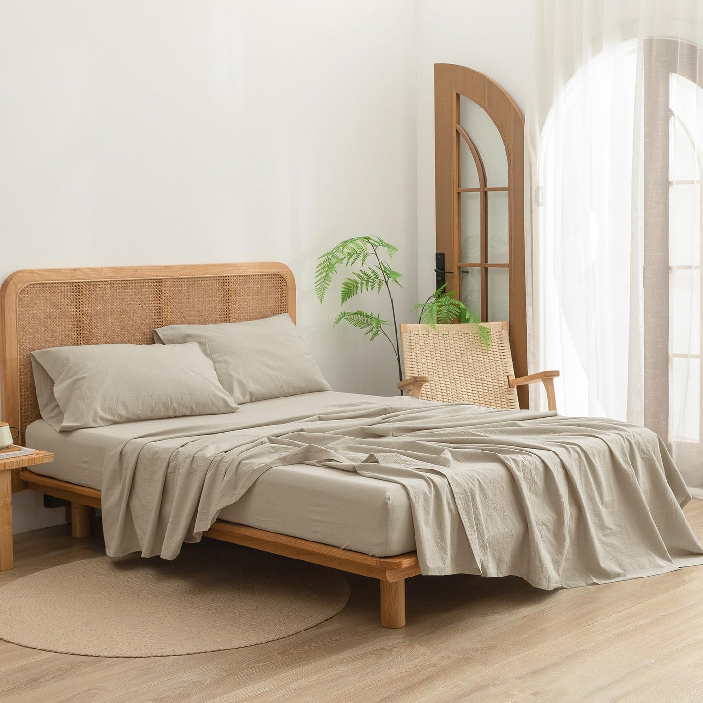BESTOUCH Flat Sheet Only 100% Washed Cotton Linen Feel Wrinkle-Free, Fade-Resistant, Stain-Resistant, Bed Top Sheet, Solid Almond Milk Grey Queen