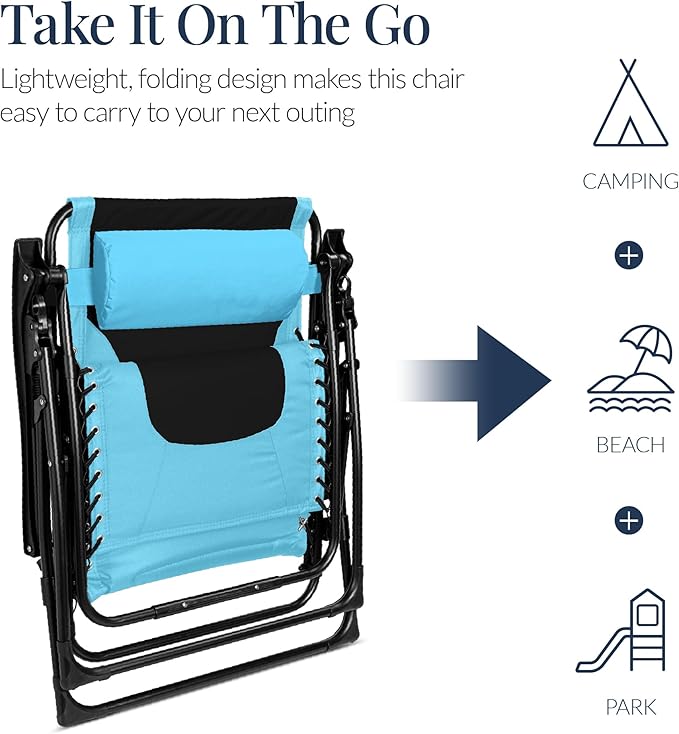 Best Choice Products Oversized Padded Zero Gravity Chair, Folding Outdoor Patio Recliner, XL Anti Gravity Lounger for Backyard w/Headrest, Cup Holder, Side Tray, Polyester Mesh - Light Blue/Black