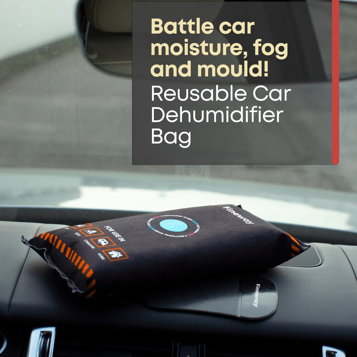 FiNeWaY 1kg Reusable Car Dehumidifier Bag, 2-Pack – Moisture & Condensation Absorbers with Anti-Slip Pads, Microwave Rechargeable for Cars, Vans & Caravans