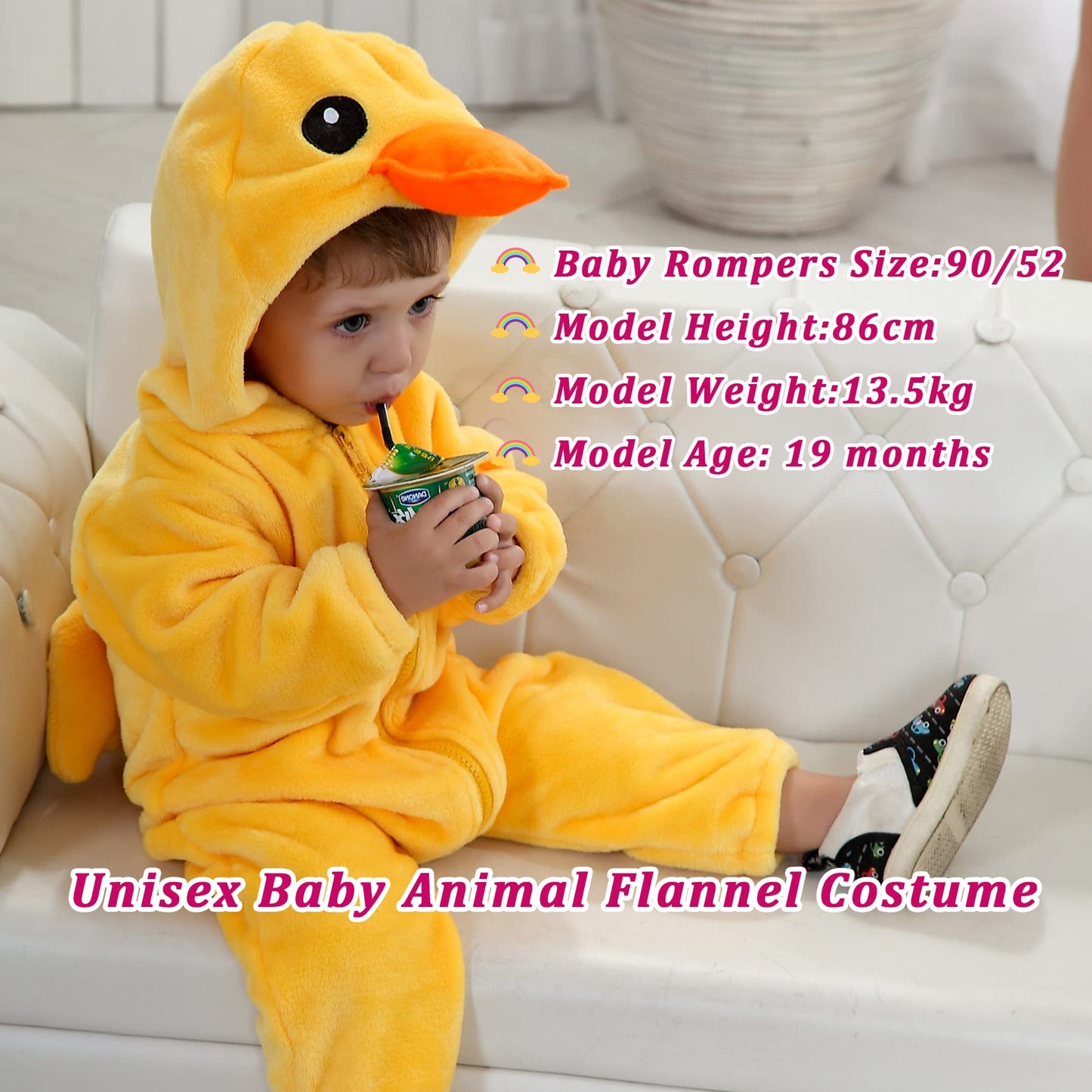 Doladola Unisex Baby Toddlers Romper Jumpsuit Hooded Cartoon Sleepsuits Infant Outfit (18-24 Months, Yellow Duck)