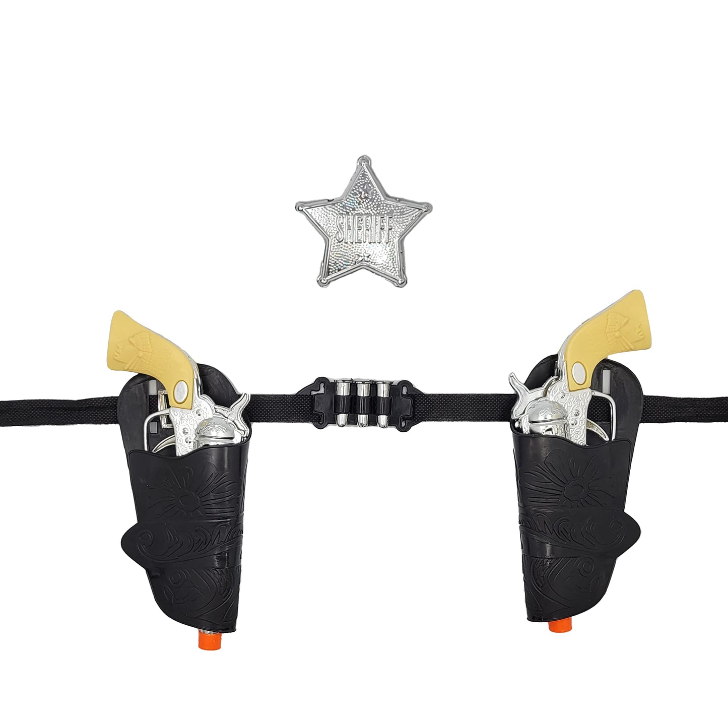 The Dreidel Company Kids Cowboy Toy Gun Holster & Belt 9 Piece Set. 2 Toy Pistols, 1 Sheriff Badge, 2 Gun Holsters & 3 Play Bullets, 1 Old Western Action Belt for Sheriff - Adjustable for Halloween