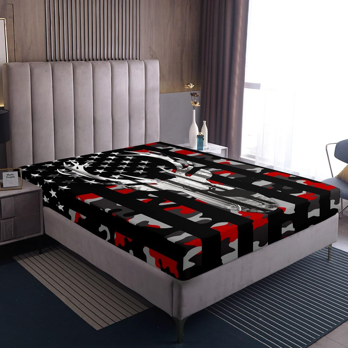 Kids Camouflage USA Flag Bed Sheet Set King Size,Wild Animal Deer Antlers and Trees Quality Brushed Microfiber Luxury Bedding Set, Red Camo American Flag Bedding (1 Fitted,1 Flat,2 Pillowcases)