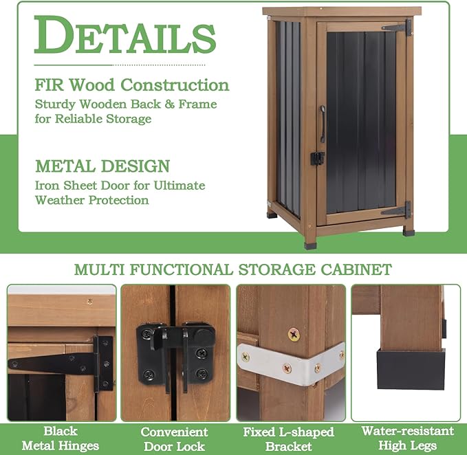 Small Outdoor Storage Cabinet Waterproof with Metal Top, Wood & Metal Outside Potting Bench Table Tool Organizer with Adjustable Shelf for Patio Backyard Garden
