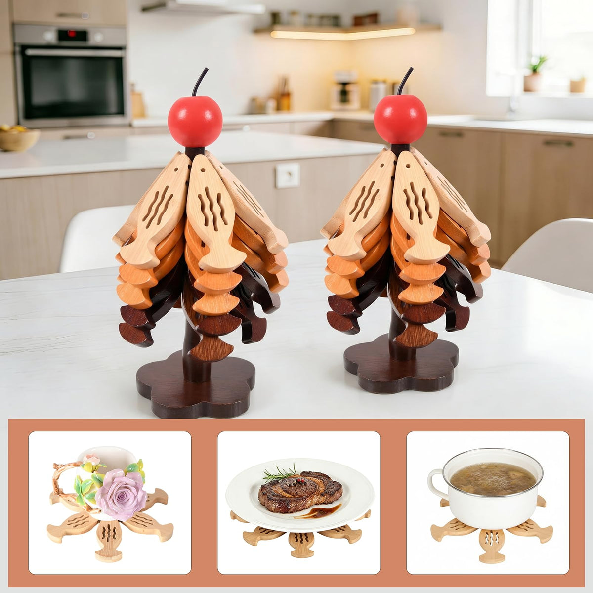SENIG 5 Pcs Fish-Shape Wooden Coasters Tree Trivet for Hot Dishes, Wooden Fish-Shape Coaster Sets for Drink, Coffee Table, Kitchen Room Decor