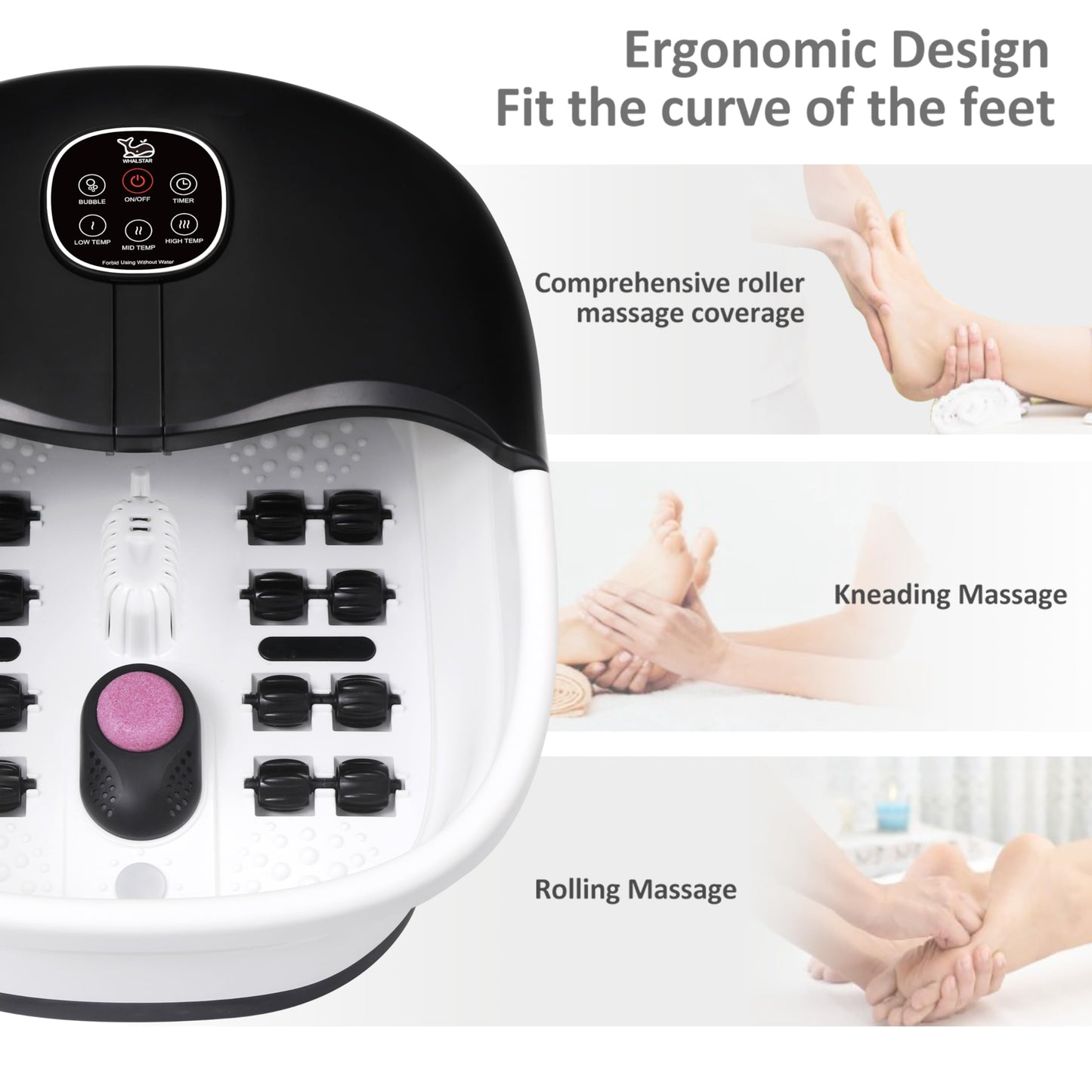 WHALSTAR Collapsible Foot Spa Bath Massager with Heat Bubbles and Vibration Massage and Jets, 16oz Tea Tree Oil Foot Soak with Epsom Salt, Foot Bath Basin with Red Light & Remote - Black