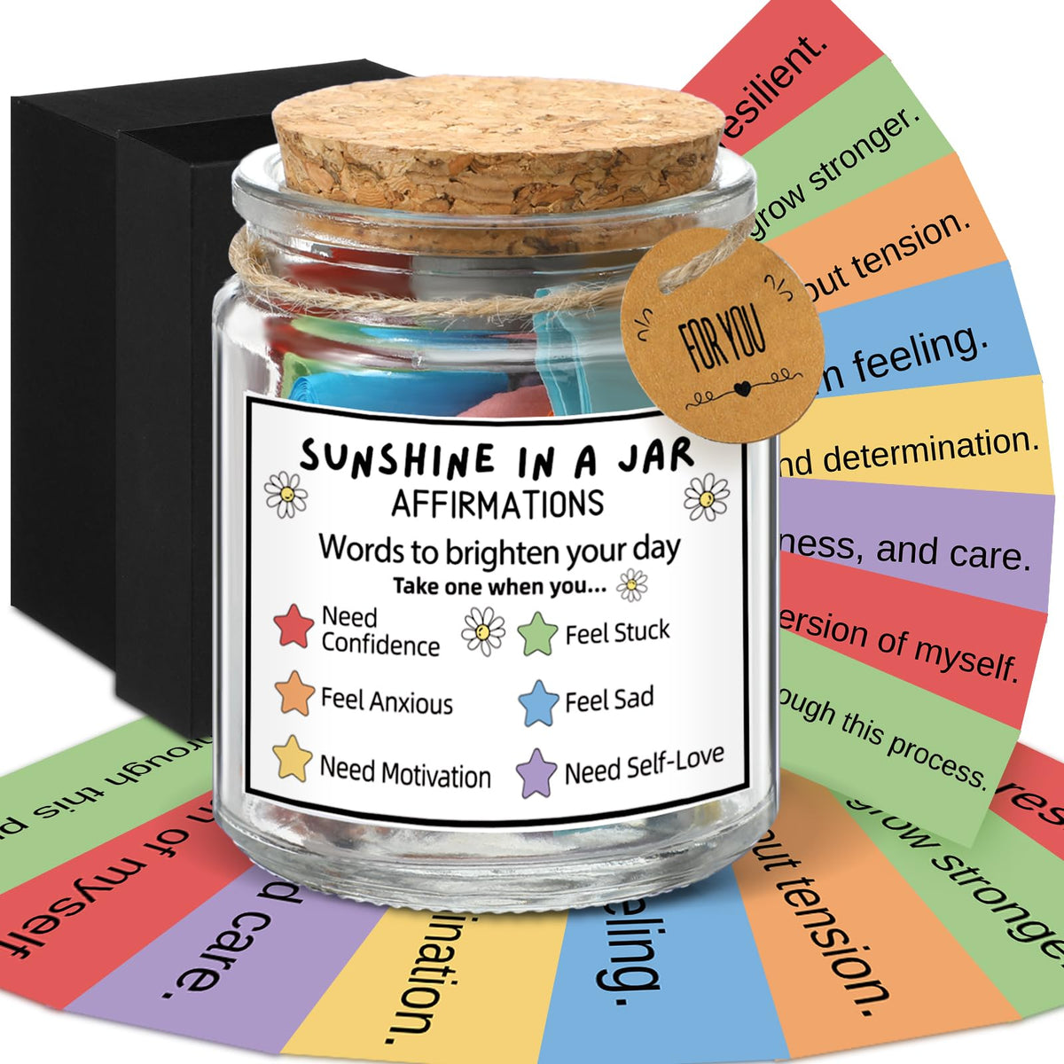 Sunshine in Glass Jar Positive Affirmations Jar for Sending You Sunshine Daily Uplifting Affirmations for Self Care and Positive Vibes Christian Gift for Friends Women Teachers Mother's Day