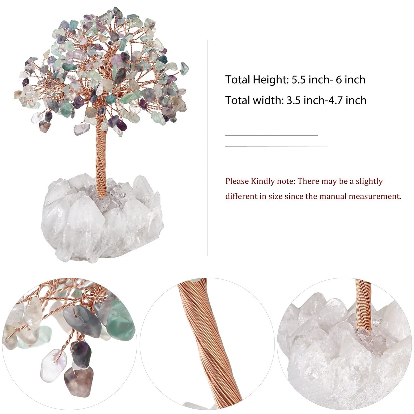 TUMBEELLUWA Crystal Chips Money Tree with Natural Rock Crystal Cluster Base Handmade Stones Figurine Bonsai Tree for Good Luck and Wealth, Fluorite