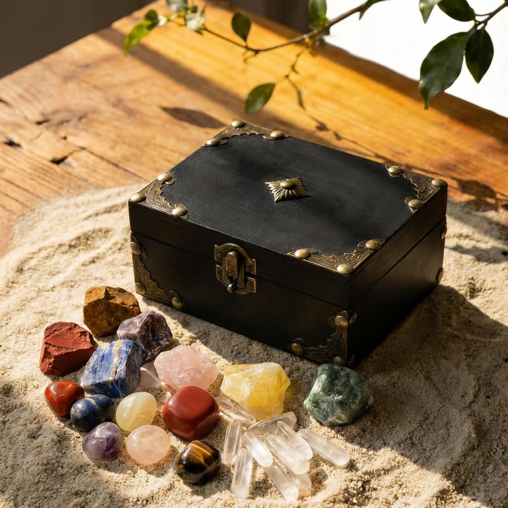 Juliful Unic 23-Piece Crystal Healing Set with 7 Raw & 7 Polished Stones 9 White Quartz Authentic Brazil & Uruguay Crystals in Wooden Box Complete Chakra Kit with Guide for Meditation Reiki Gift