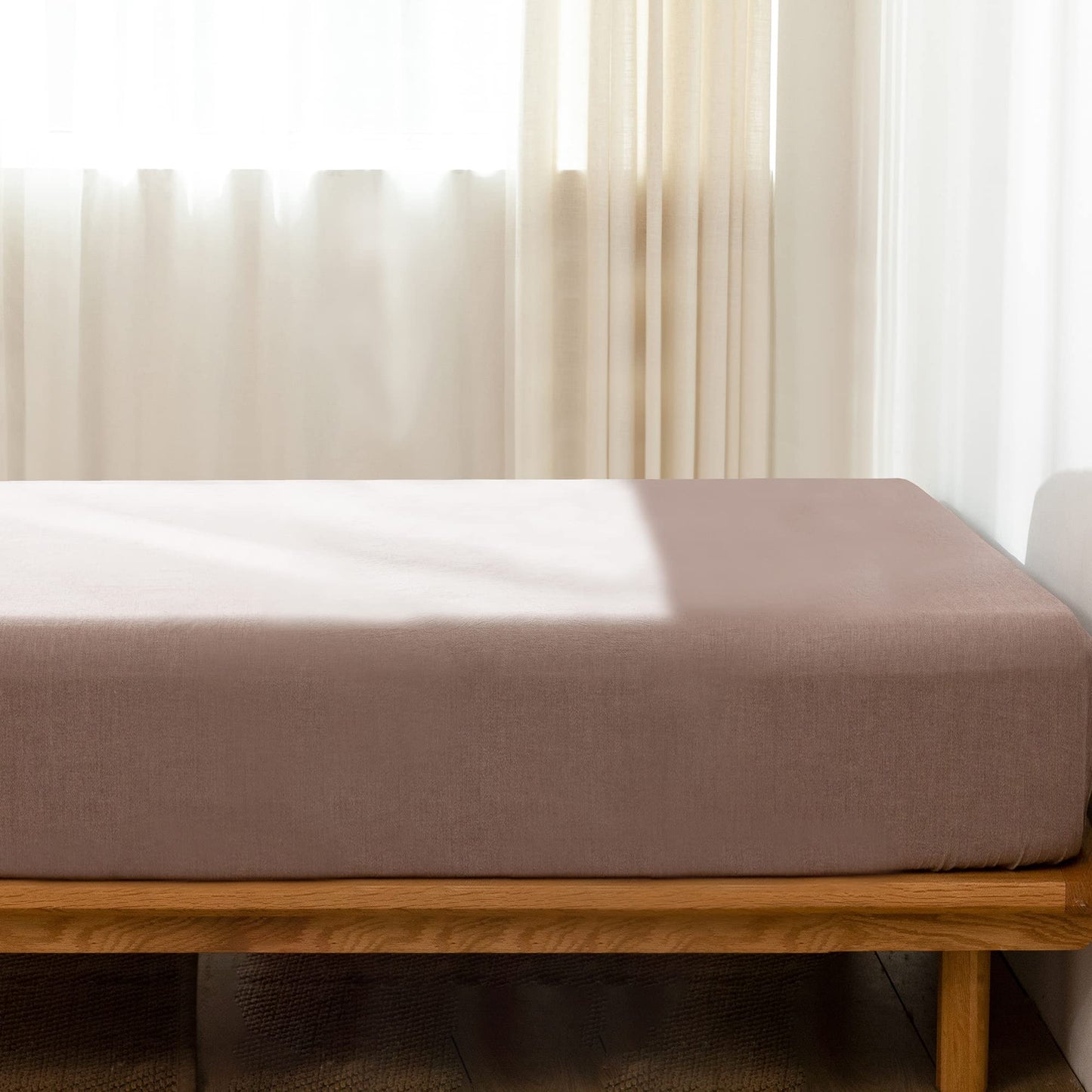 MooMee Fitted Bottom Sheet Only 100% Washed Cotton Linen Like Textured Breathable Durable Soft Comfy Deep Pocket Fits Mattress up to 17" (Mauve Brown, Queen)