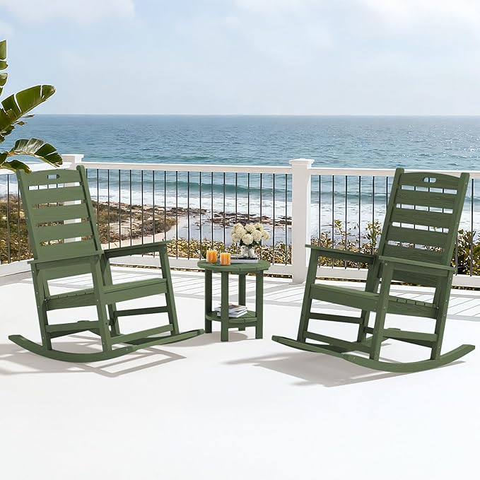 SERWALL Outdoor Rocking Chair Set of 2, Oversized Rocking Chair with Footboard for Adults, HDPE All Weather Resistant Rocking Chairs for Patio, 350lbs Weight Capacity,Avocado Green