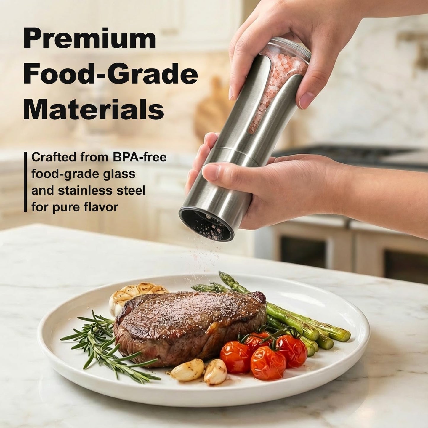 Aelga Salt Grinder with Silicone Funnel - 4oz Glass Manual Mills with Adjustable Ceramic Core & Stainless Steel Sleeve, Refillable Kitchen Gadget