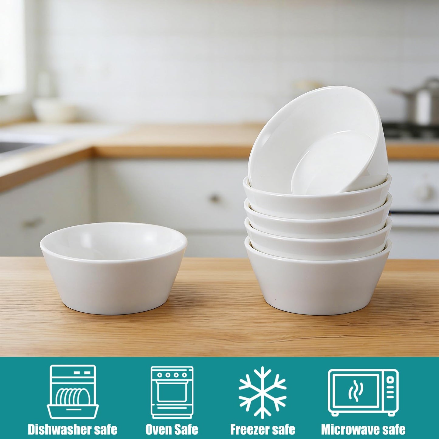Enjamyo 6 Pack Porcelain Small Bowls, 5oz White Ceramic Ramekins, 4 Inch Diameter Small Bowls for Serving Dipping Sauces, Desserts, Soups and Cereals