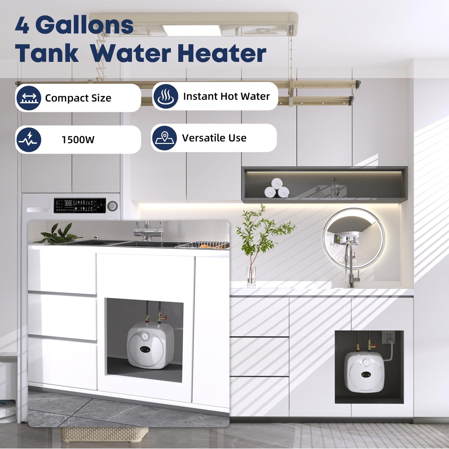 YALICE Electric Tank Water Heater, 4 Gallons Under Sink Instant Hot Water Heaters, 1500W, 110-120V, Electric Mini Tank Water Heater Compact Design for RV, Kitchen, Food Truck, Wall or Floor Mounted