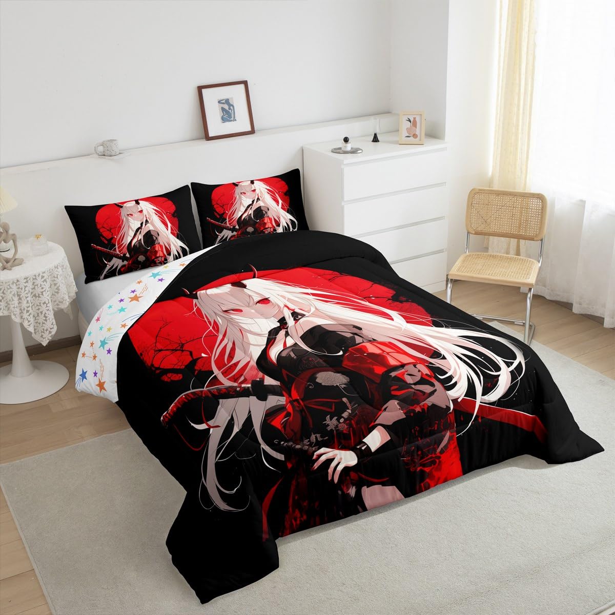 Erosebridal Full Japanese Anime Bedding Set for Kids, Anime Girl Comforter Set Kawaii Japanese Style Duvet Insert Cartoon Japan Animation Quilt for Boys Teens Adult Women Bedroom, Red Black
