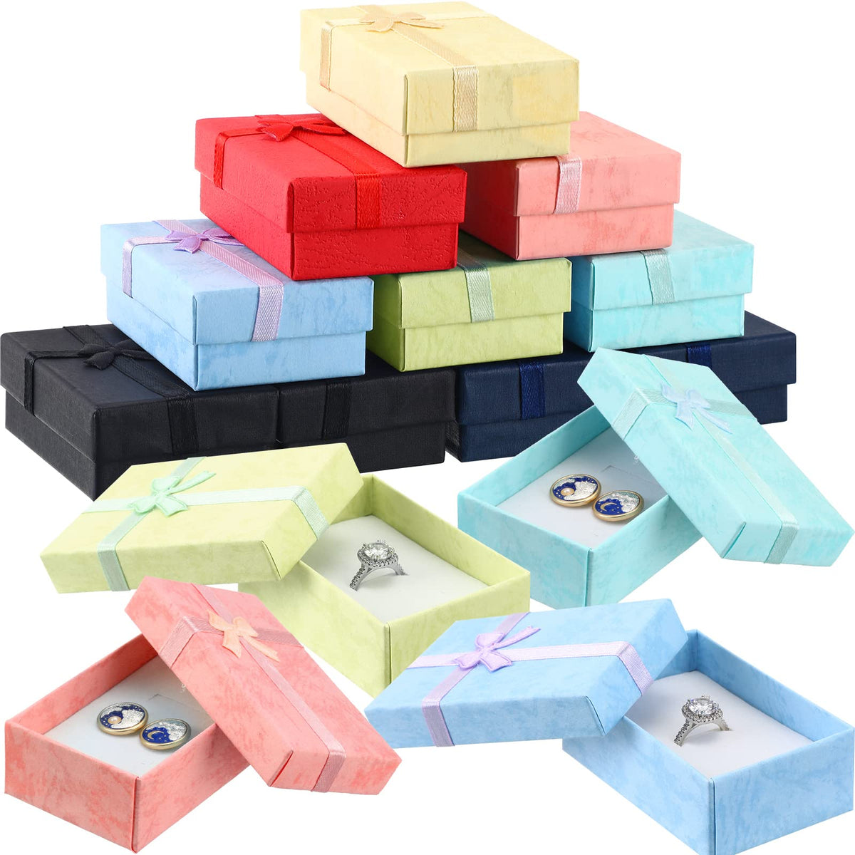 Batiyeer Jewelry Gift Boxes Set Empty Small Gift Cardboard Boxes for Jewelry Packaging with Ribbon Bowknot for Anniversaries Weddings Birthday, 8 Colors (72 Pcs)