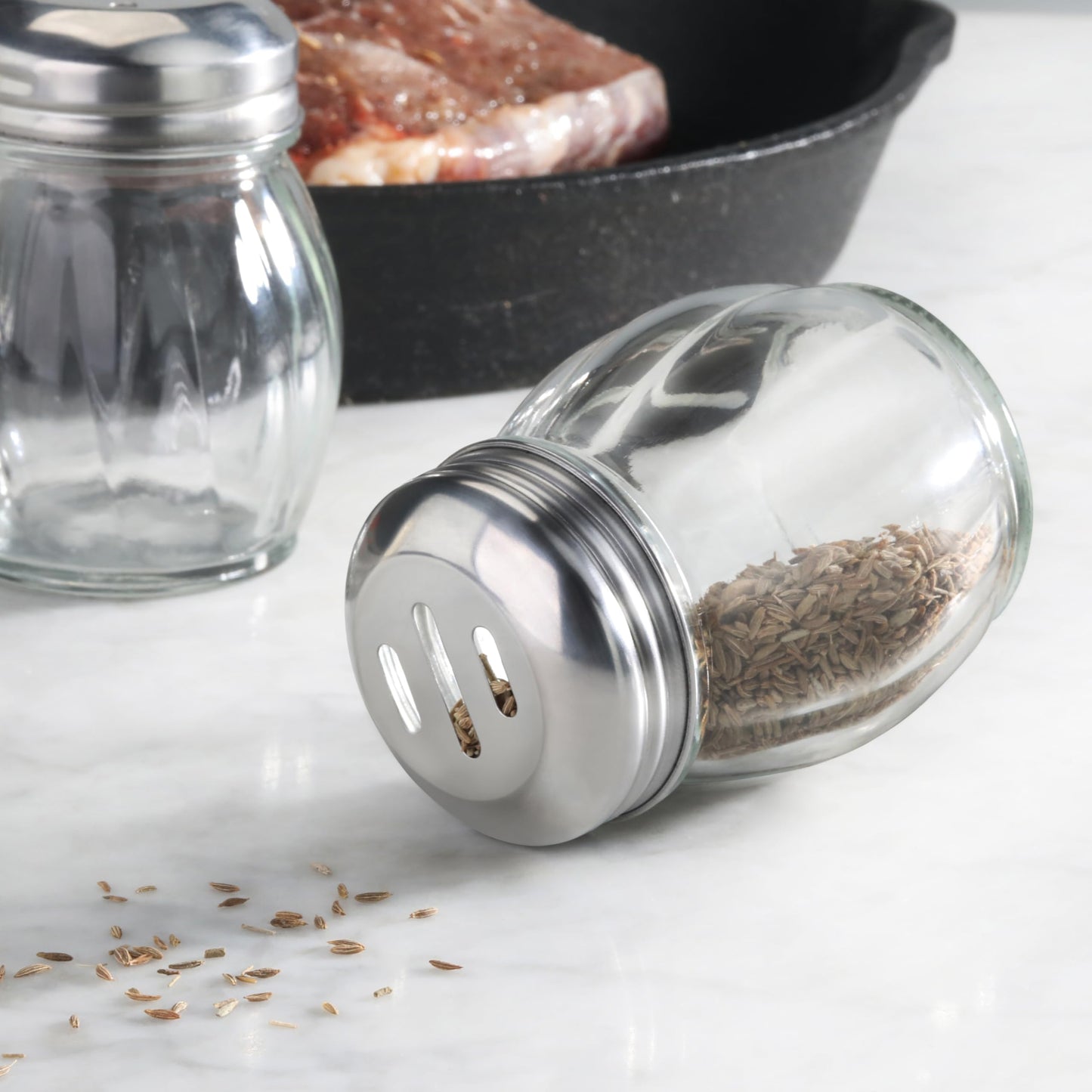 New Star Foodservice Glass Swirl Cheese & Crushed Red Pepper Shaker with Stainless Steel Slotted Top, 6-Ounce, Set of 12