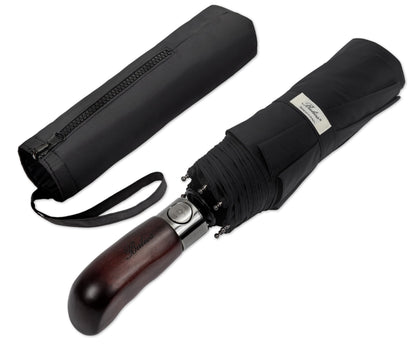 Balios Folding Umbrella Wood Handle Auto Open Close Vented Canopy Black
