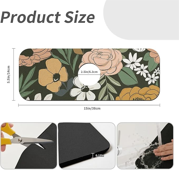 Kitchen Sink Splash Guard，Vintage Large Floral Faucet Mat Sink Gadgets-Super