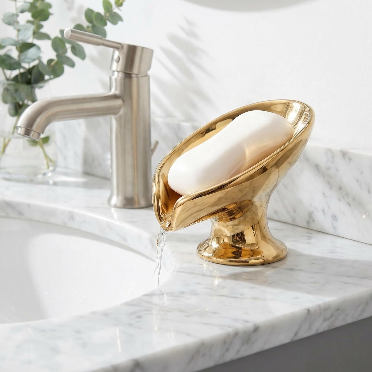 Bar Soap Holder, Soap Dish for Shower, Self Draining Soap Dish, Metallic Glossy Ceramic Soap Holder, Used for Sinks, Bathrooms, Showers,Kitchens (Golden)