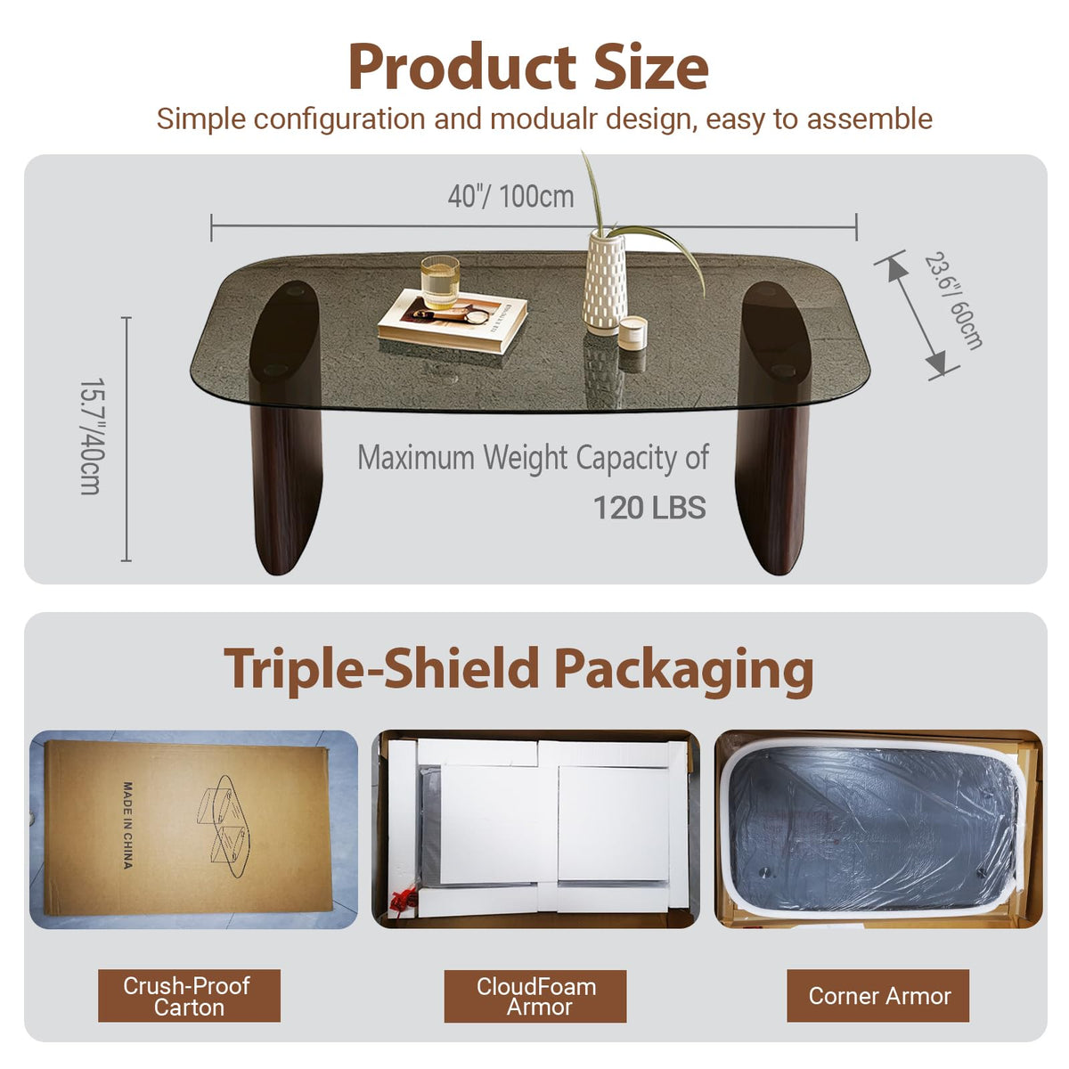 Modern Glass Coffee Table, Coffee Table for Living Room,Tempered Glass-top with Sturdy Wooden Base, Modern Coffee Tables for Small Space, Apartment, Office, Minimalist Design (Walnut)