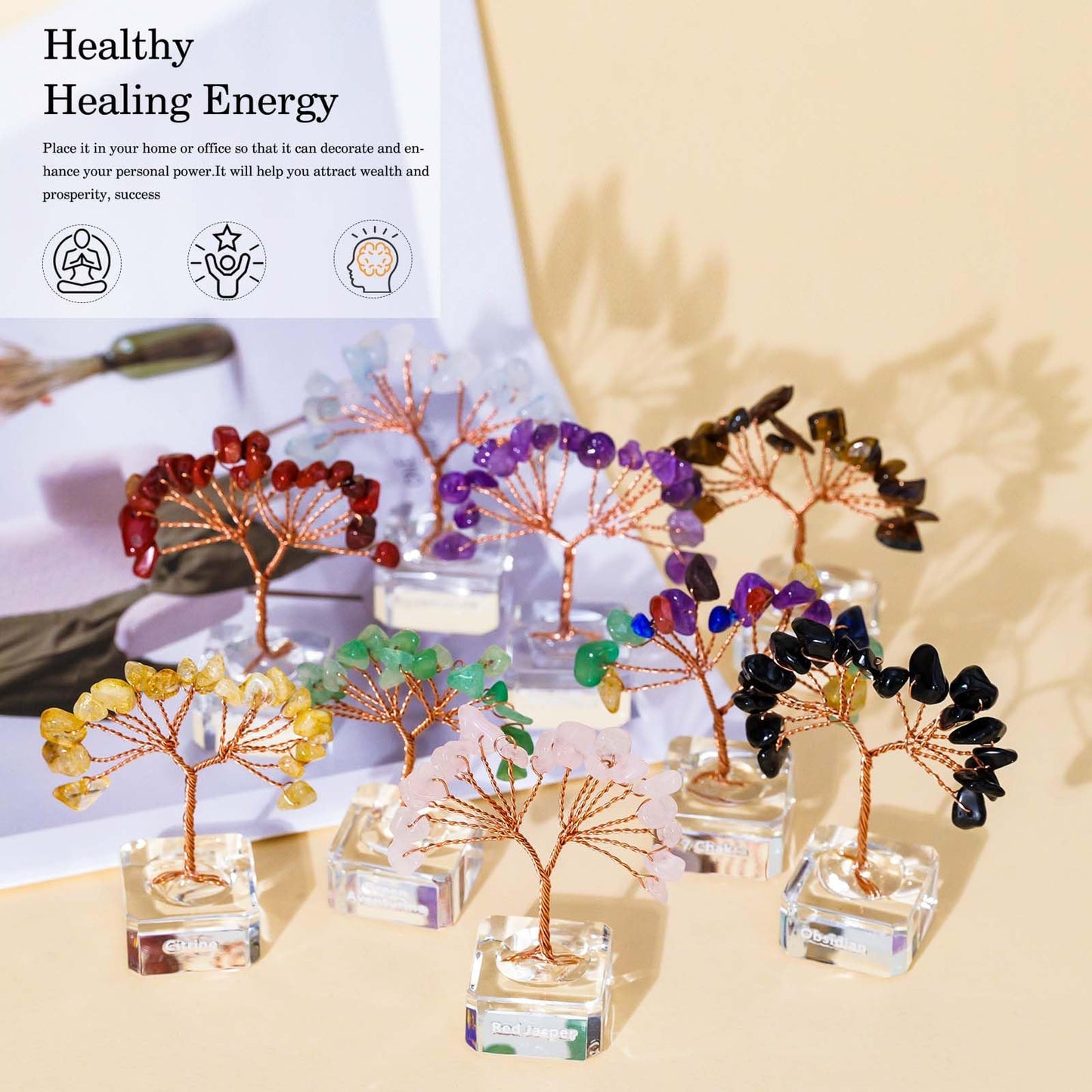 Runyangshi 12 Pcs Crystal Tree Set with K9 Glass Base - Chakra Healing Money Trees for Desk Decor, Home, Office, Positive Energy, Good Luck Gifts for Women, Mom, Birthday, Housewarming