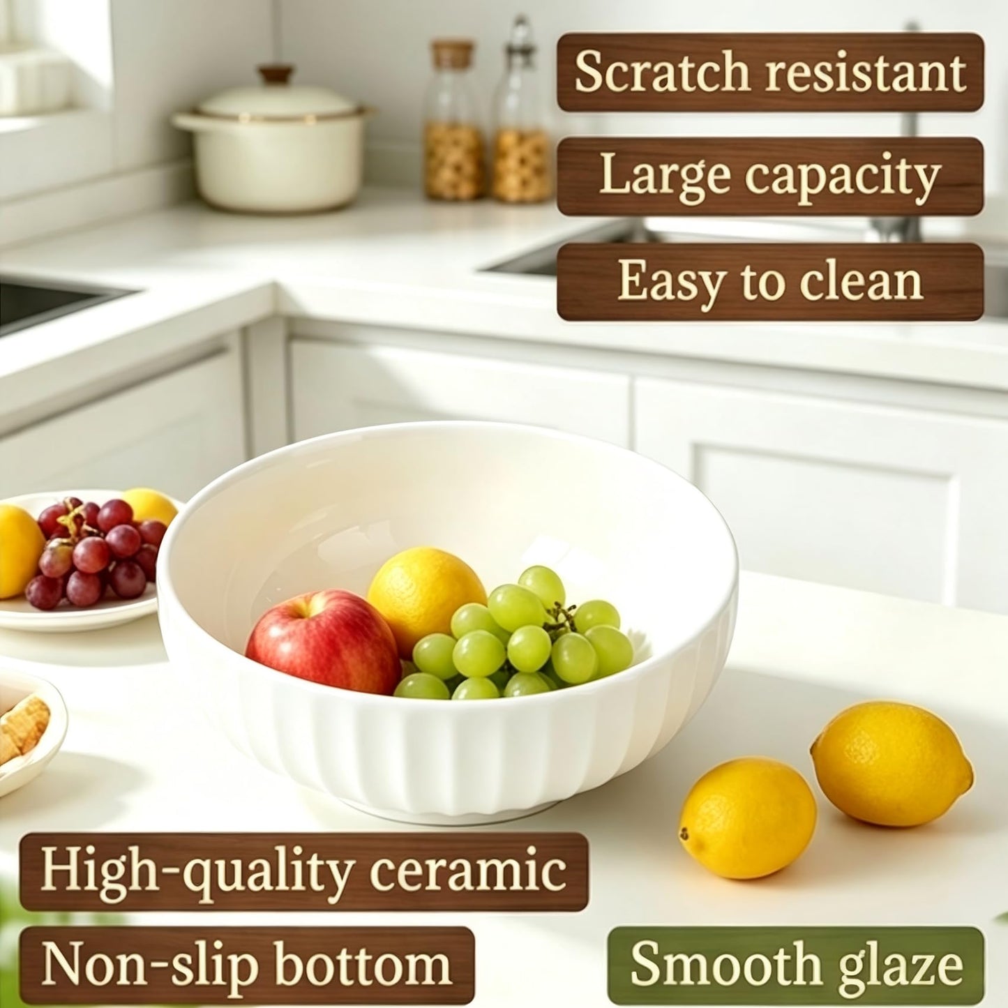 Opeikla Large Ceramic Fruit Bowl for Kitchen Counter, 10-Inch White Fruit and Vegetable Bowl, Decorative Serving Bowl for Home