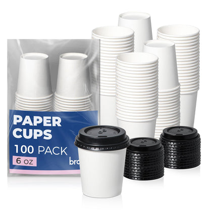 Fit Meal Prep 100 Pack 6 oz Disposable Coffee Cups with Lids, Premium To Go Paper Cups, Leak Proof Hot Coffee Cups with Lids for Travel, Office, Hot/Cold Beverages (Black Lids)