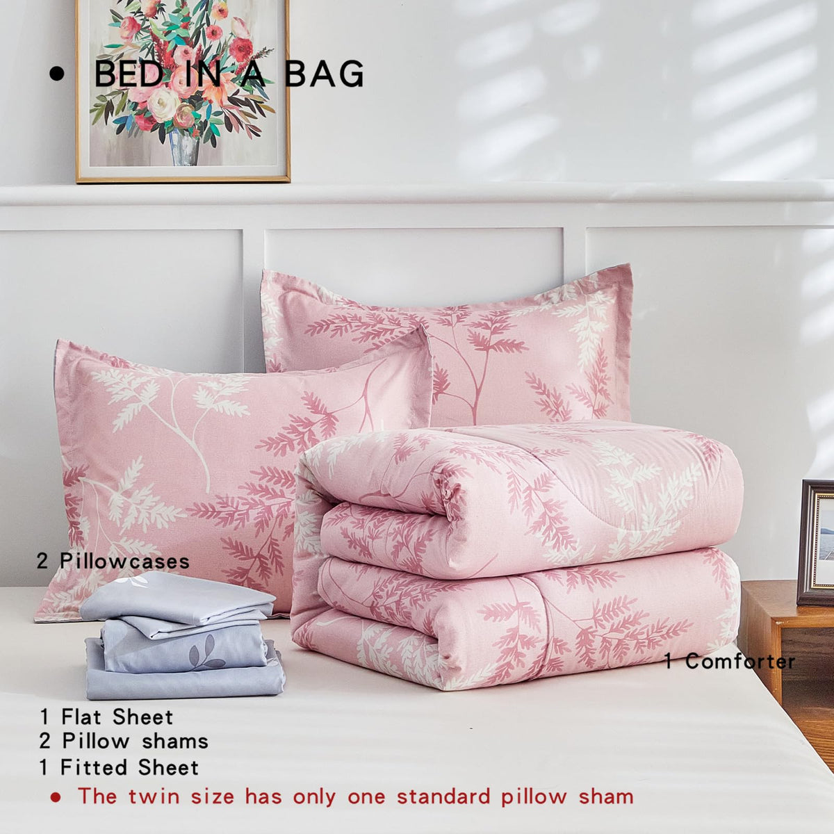AIKASY Pink Queen Comforter Set with Sheets,Bed in a Bag 7-Pieces,Palm Tree Totem Printing Design,Ultra Soft Down Alternative All Season Bedding Set(Queen, Pink)