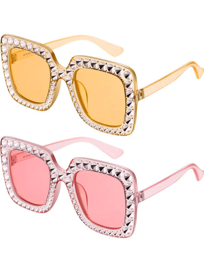 Frienda 2 Pieces Oversize Square Sparkling Sunglasses Retro Thick Frame Sunglasses for Women(Clear Pink, Clear Tawny)