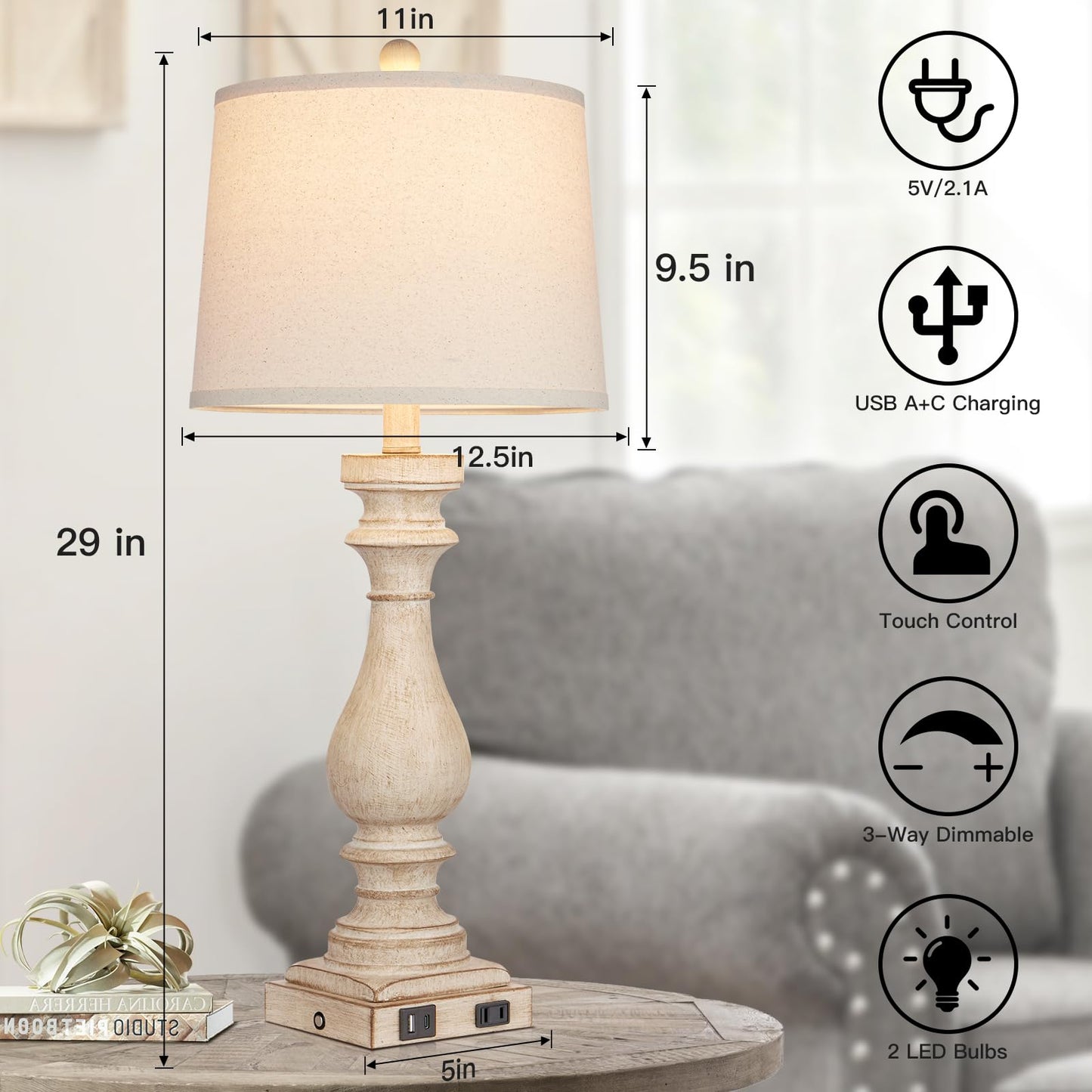 Cinkeda 29" Tall Table Lamp for Living Room Set of 2,Farmhouse Nightstand Bedside Lamps with USB C+A Ports & AC Outlet,3-Way Dimmable Touch Control Desk Lamp for Bedroom,Color 1