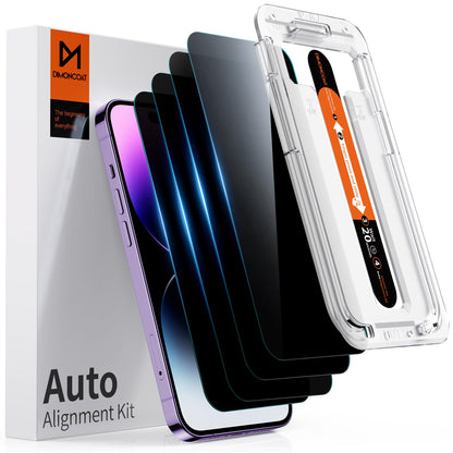 DIMONCOAT 4-PACK TOP 9H+ Glass for iPhone 15 Pro Privacy Screen Protector [Auto Alignment Kit] [10X Military Protection] UNBREAK Tempered Glass Film for iPhone 15 Pro 6.1 inch [Case Friendly]