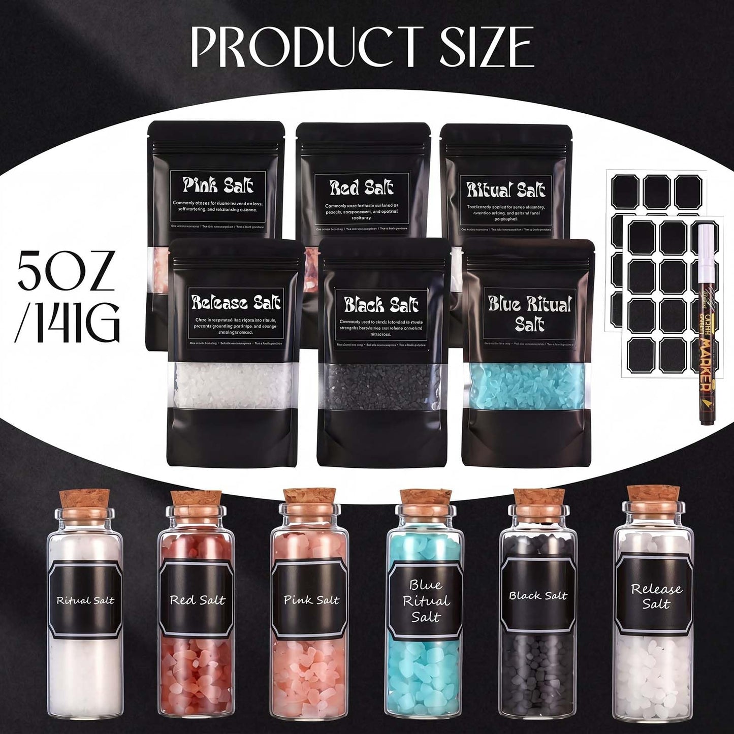 ElaraBerry 6 Pack Ritual Salt Starter Collection Pack with Dispensing Bottles Chalkboard Labels for Ceremony and Spell Handcrafted Negative Energy Rituals Protection Crystals for Witchcraft Supplies