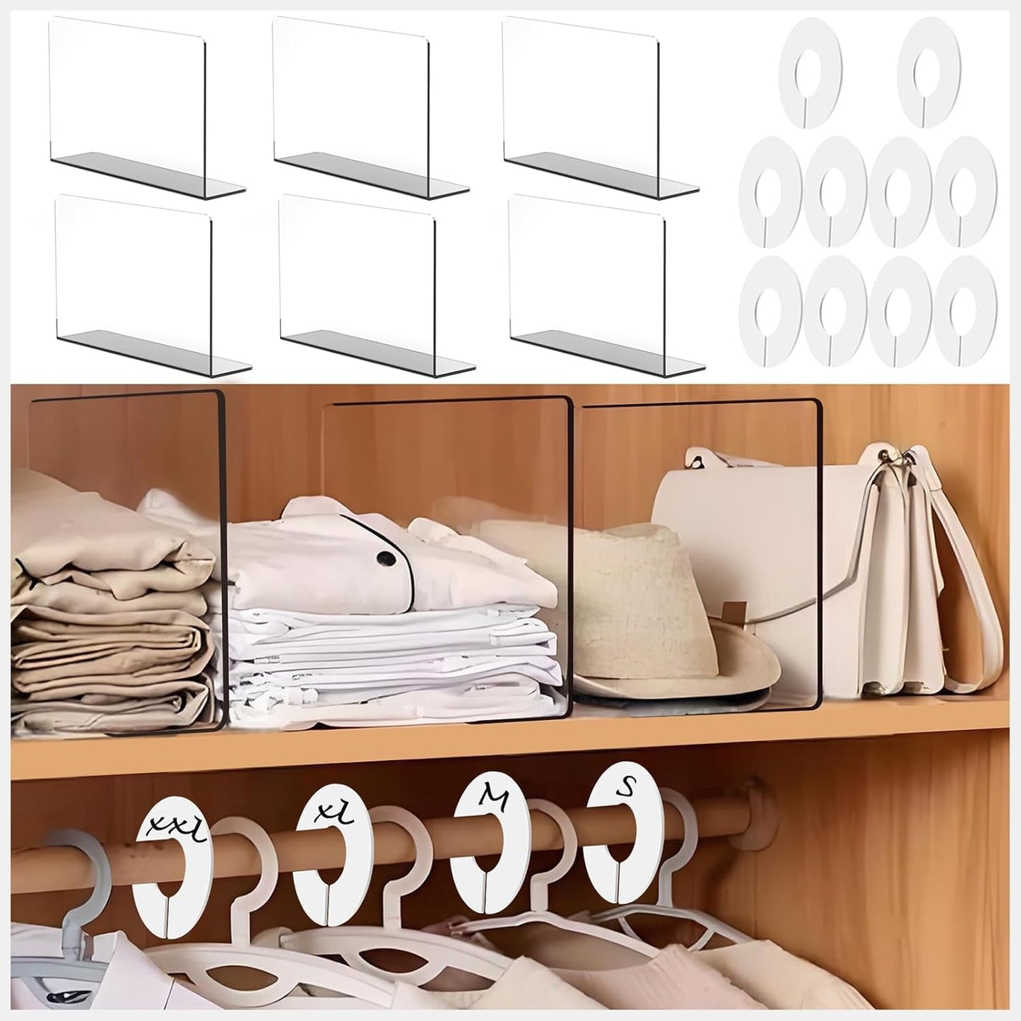 Closet Organization Set, 10 Pack Closet Dividers for Hanging Clothes + 10 Pack Clear Acrylic Shelf Dividers, Wardrobe Organizer for Clothes, Sweaters, Handbags, Towels & Nursery Storage