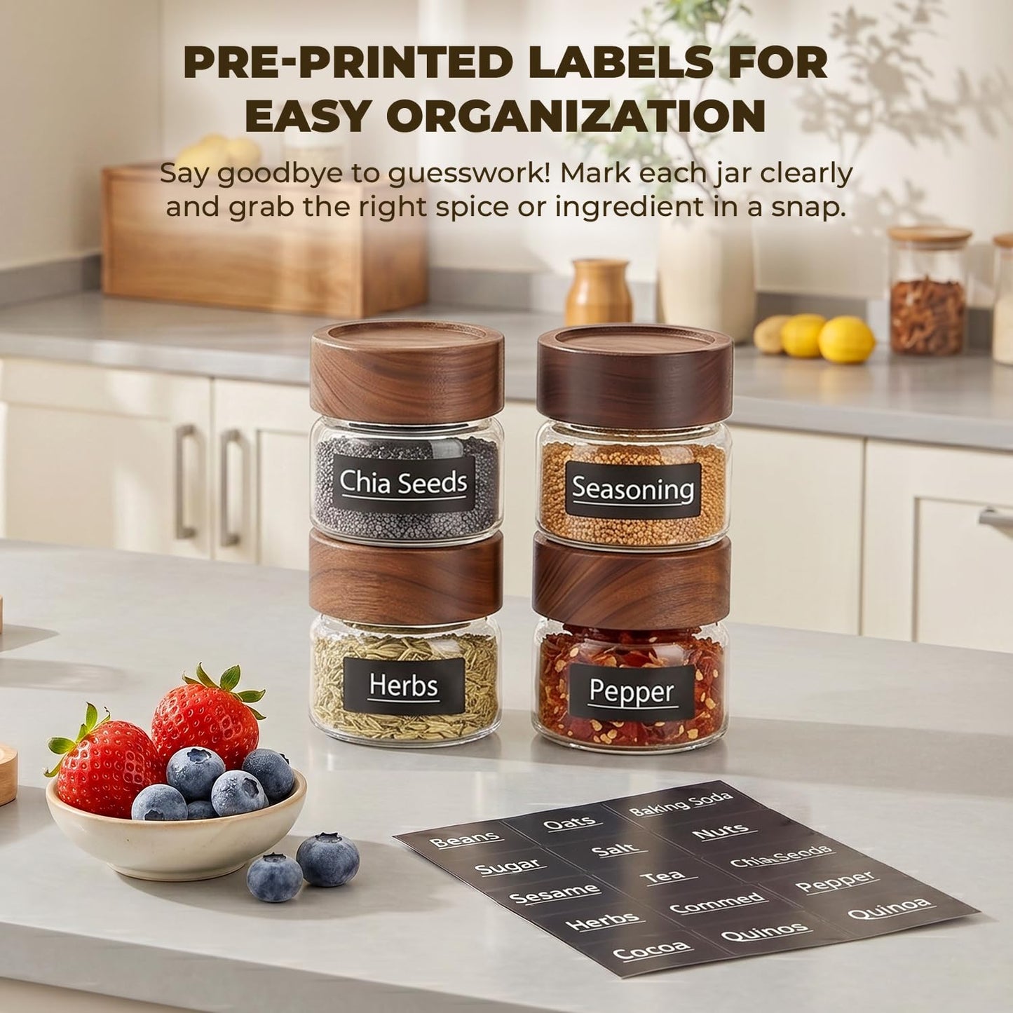Kalnsa 6 Pack 4 oz Glass Jars with Lids, Small Mason Jars with Airtight Acacia Wood Lid, Mini Glass Spice Jars for Kitchen Pantry Organization, 4oz Small Containers for Coffee Sugar Tea & Candy
